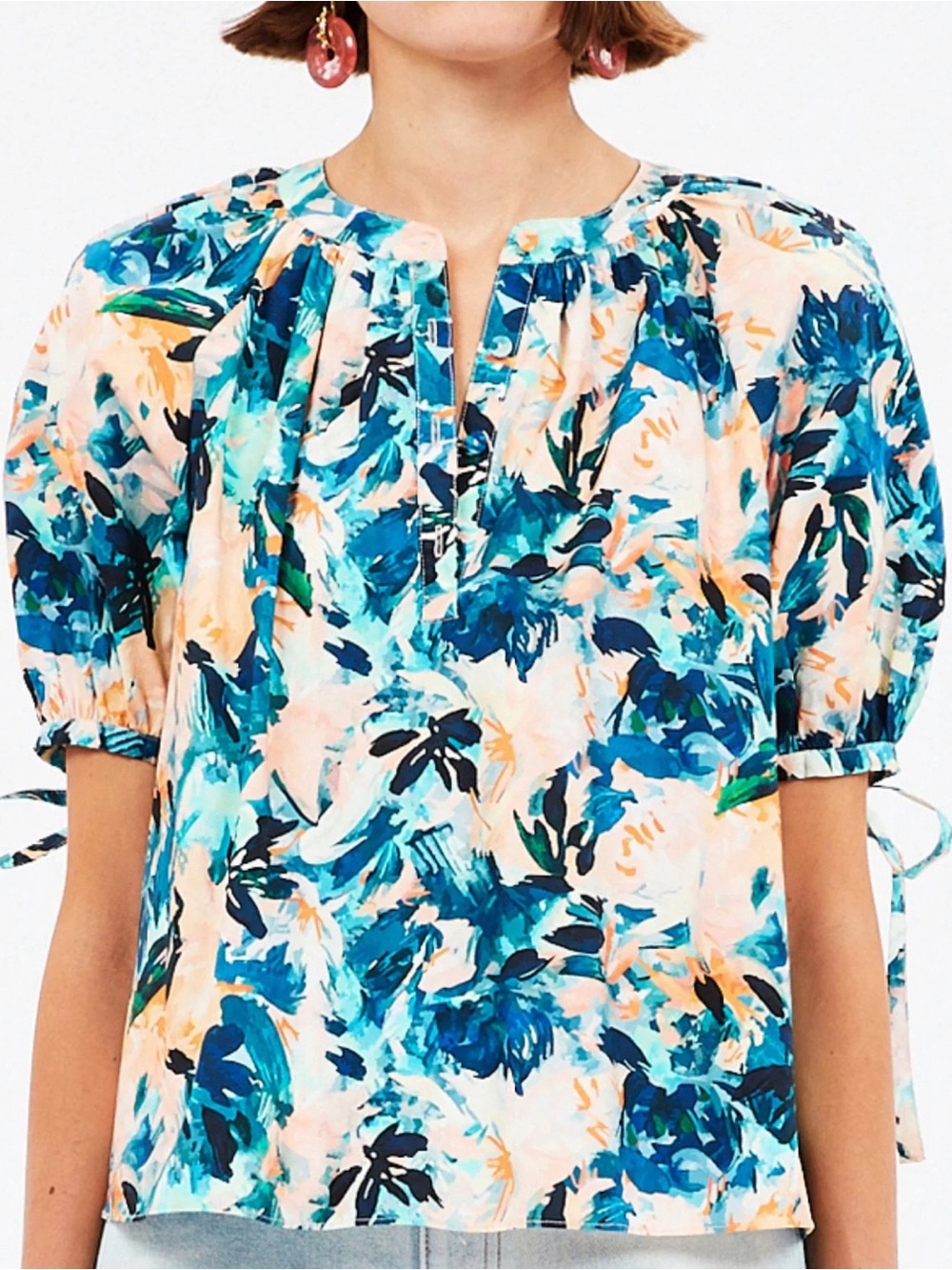 Ulla Johnson Vienne Delphinium Blue Floral Tie Cuff Puff Sleeve Blouse NWOT